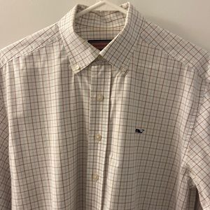 Vineyard Vines Whale shirt in white with red/light blue cross square pattern